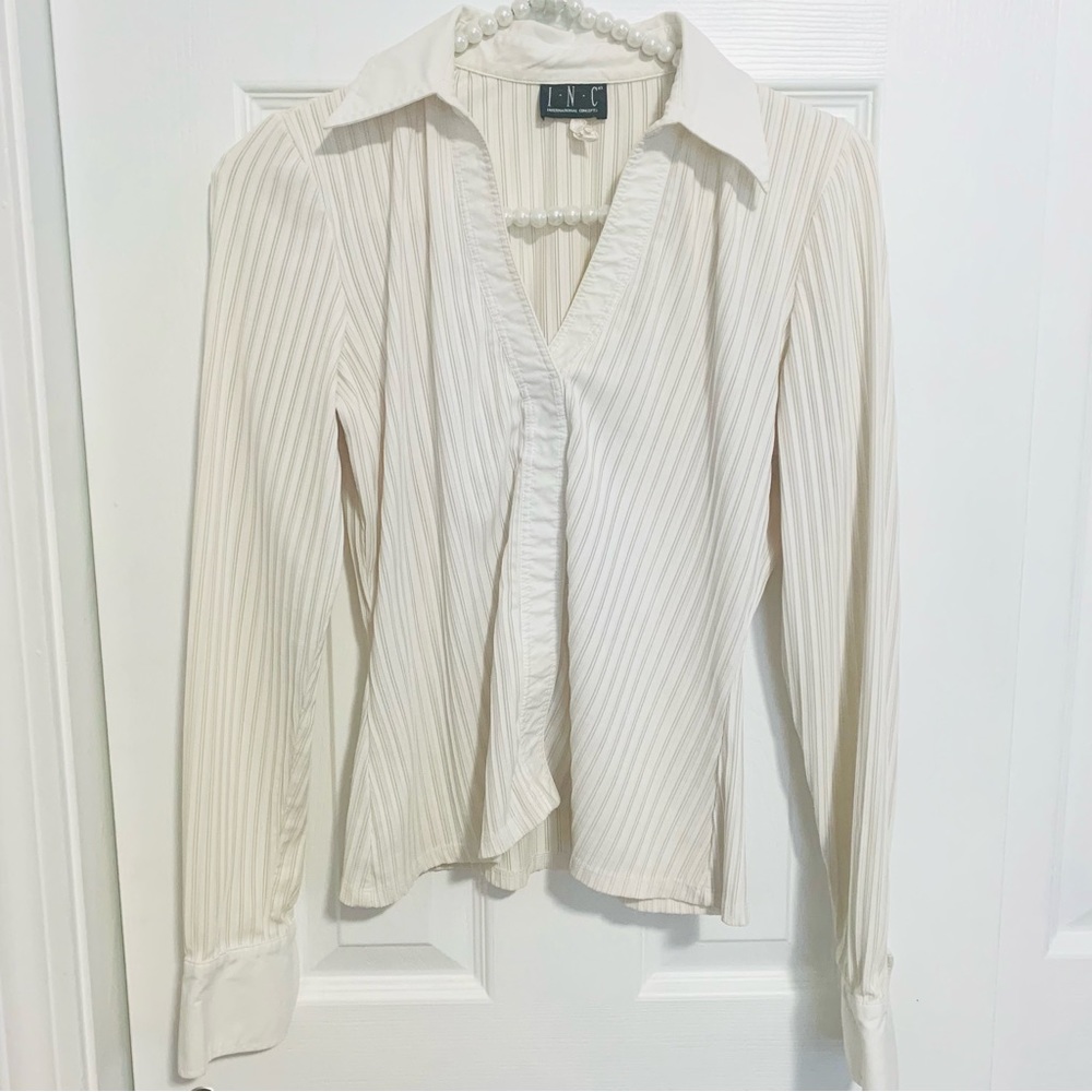 Vintage Y2K INC Cream Off White Button Down Collar Cuff Sleeve Ribbed Stretchy S